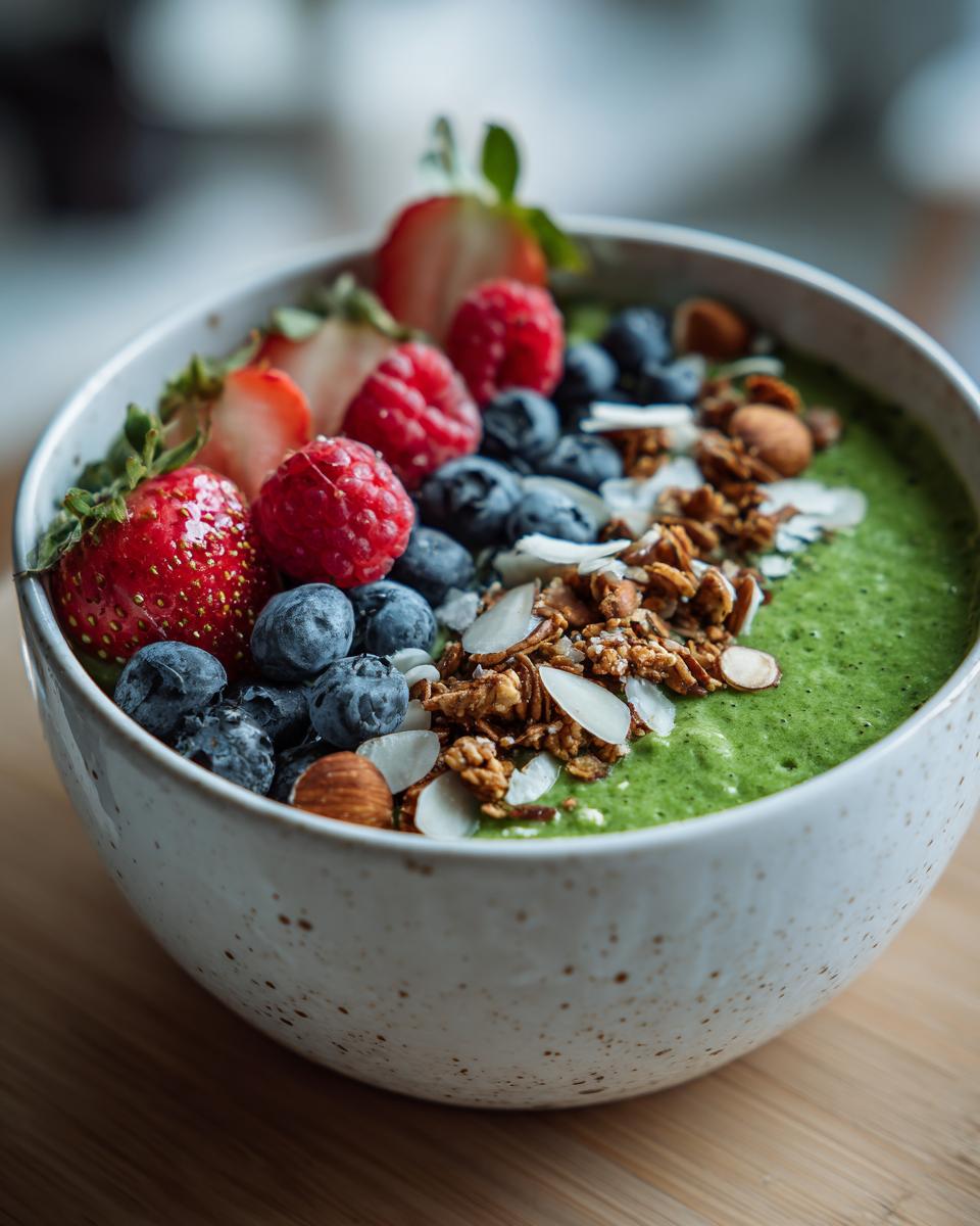 A vibrant Ultra-Green Detox Smoothie Bowl topped with fresh strawberries, blueberries, raspberries, granola, almonds, and coconut flakes.