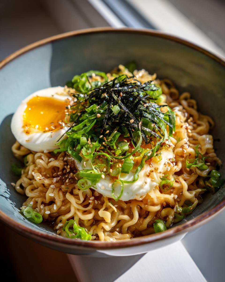Close-up of an upgraded ramen bowl with garlic butter, soft boiled egg, and green onions.