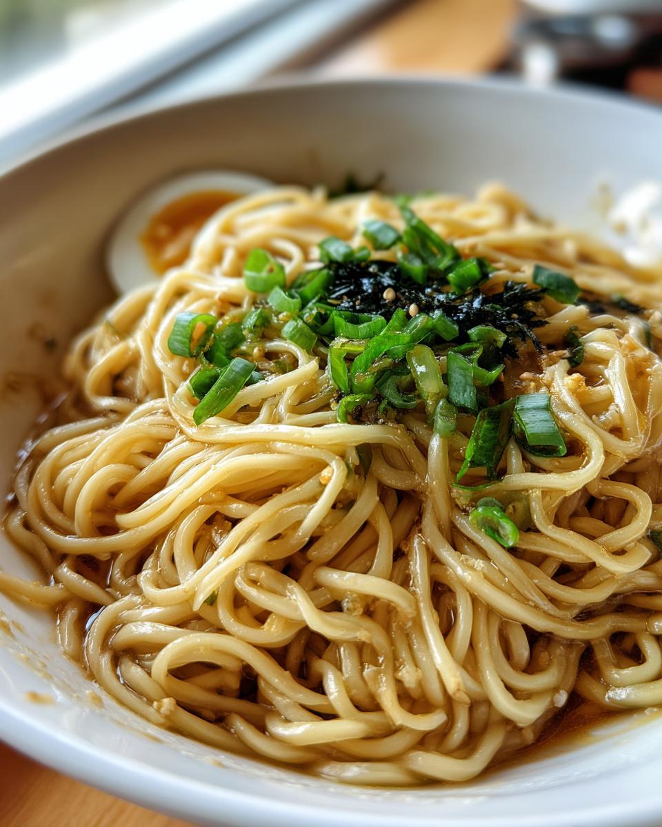 Close-up of an Upgraded Ramen Bowl with Garlic Butter, garnished with green onions and seaweed.