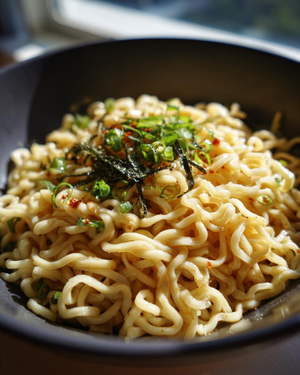 Close-up of an Upgraded Ramen Bowl with garlic butter, topped with seaweed and green onions.