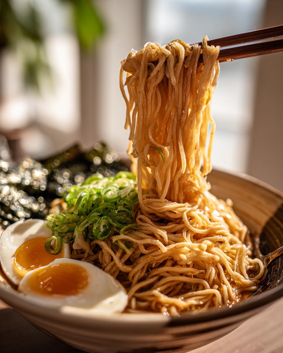 Close-up of an Upgraded Ramen Bowl with garlic butter, noodles, egg, and green onions.