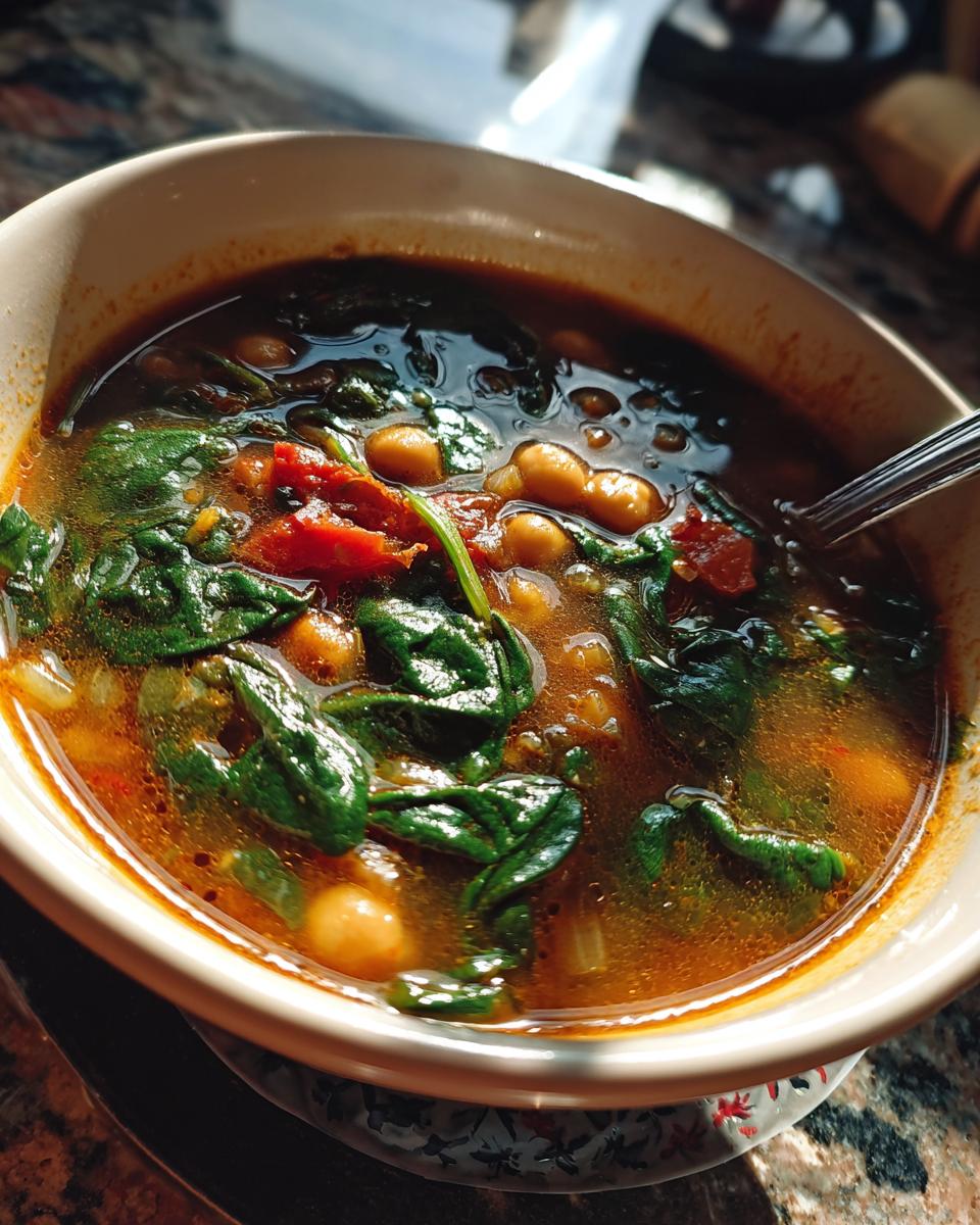 Close-up of a bowl of Vegan Chickpea & Spinach Soup, with chickpeas, spinach, and tomatoes.