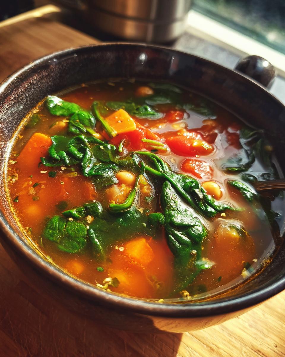 Close-up of a bowl of Vegan Chickpea & Spinach Soup with spinach, chickpeas, and tomatoes.