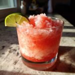 Close-up of a Watermelon Margarita Sorbet Float in a glass, garnished with a lime wedge.