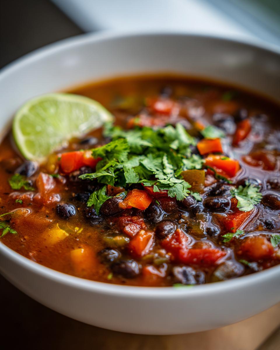 Close-up of a bowl of Zesty Black Bean Soup garnished with cilantro and a lime wedge.
