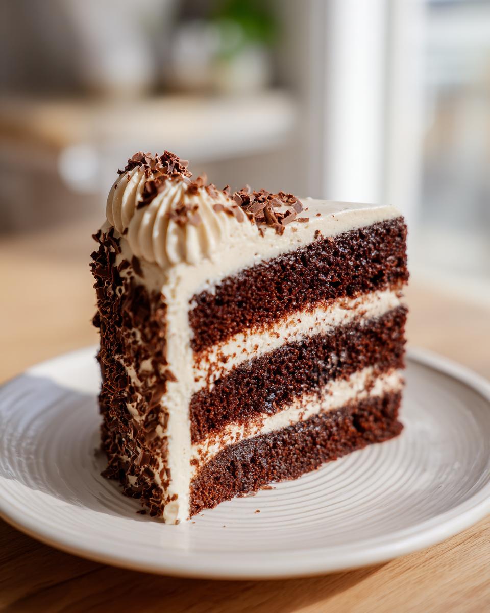 A slice of Baileys Buttercream Frosted Cake on a white plate, showing layers of cake and frosting.