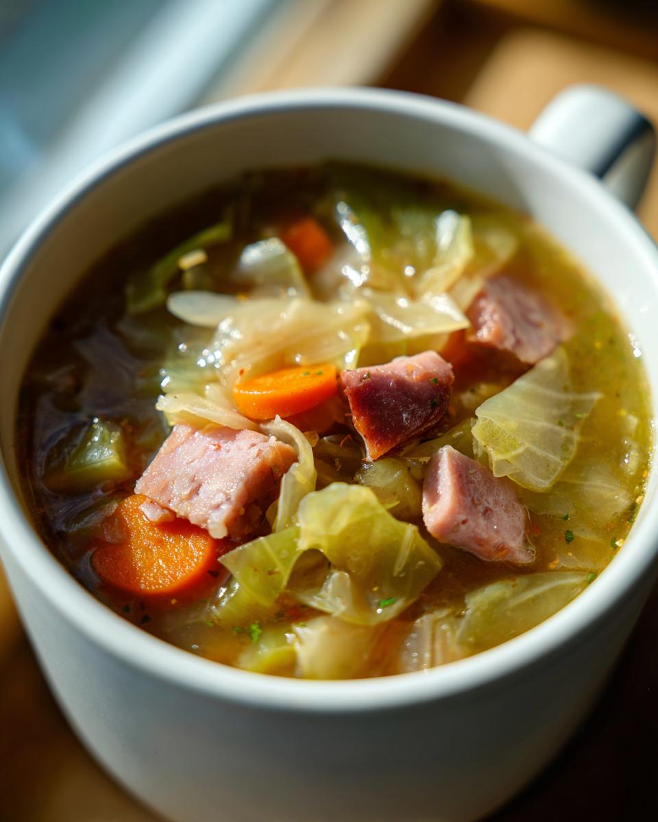 Close-up of a bowl of delicious Cabbage and Kielbasa Soup with carrots and kielbasa.