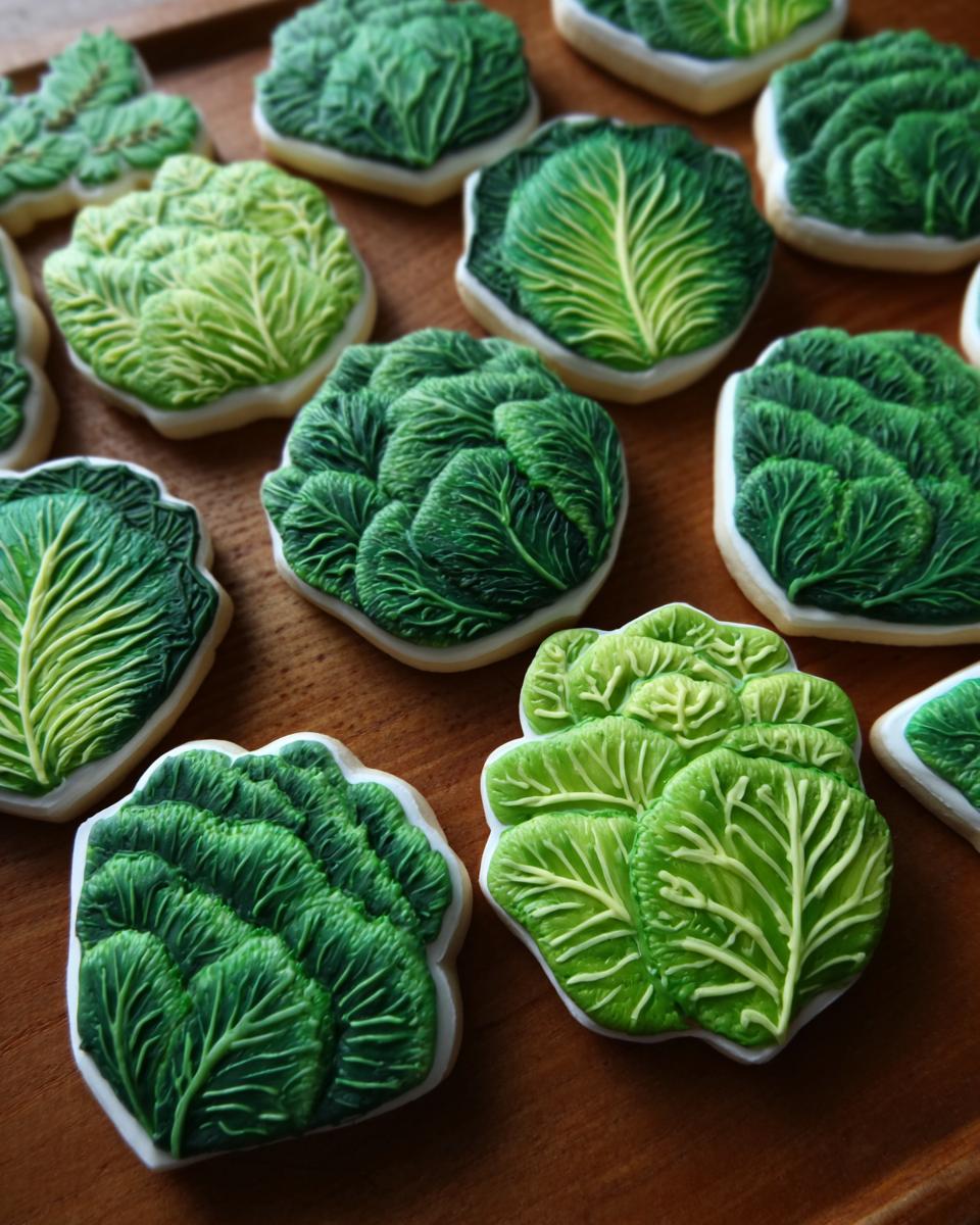Close-up of several Cabbage-Shaped Sugar Cut-Outs decorated with green icing.