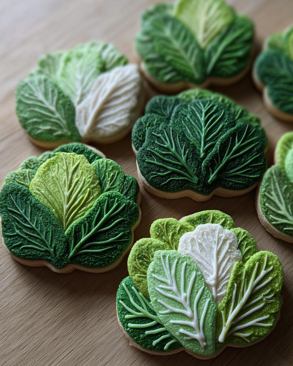 Close-up of several Cabbage-Shaped Sugar Cut-Outs with detailed leaf designs and varying shades of green.