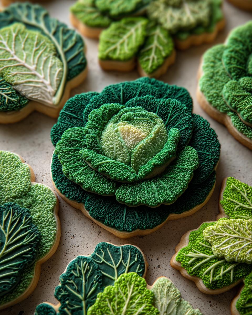 Close-up of several Cabbage-Shaped Sugar Cut-Outs, decorated with green icing.