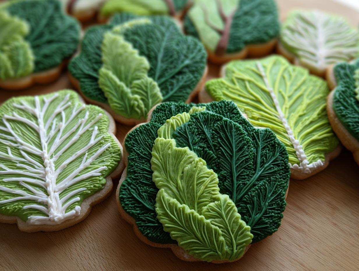 Close-up of several Cabbage-Shaped Sugar Cut-Outs decorated with green icing.