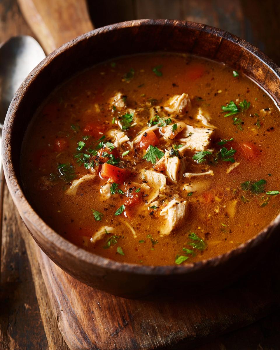 Close-up of Carrabba's Copycat Chicken Soup in a rustic wooden bowl, garnished with herbs.