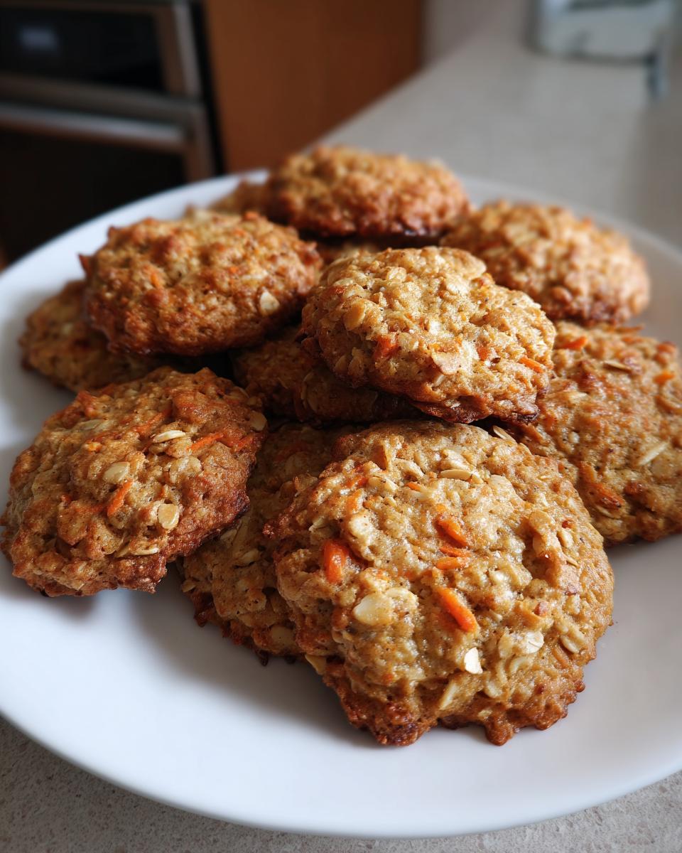 Close-up of a plate piled high with delicious Carrot Cake Oatmeal Cookies.