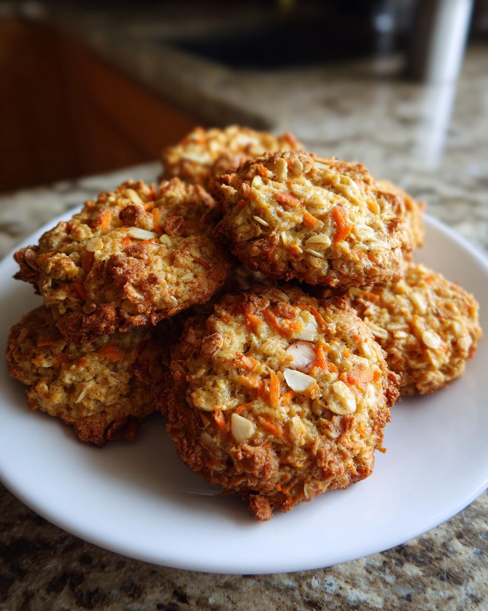 A stack of freshly baked Carrot Cake Oatmeal Cookies on a white plate.