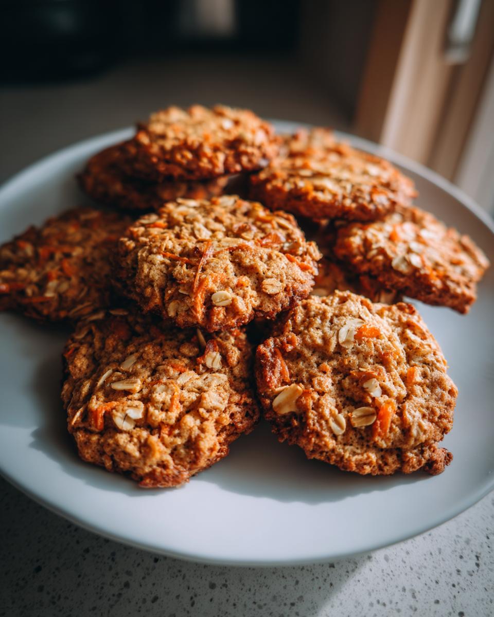 A plate of freshly baked Carrot Cake Oatmeal Cookies, a delicious treat.