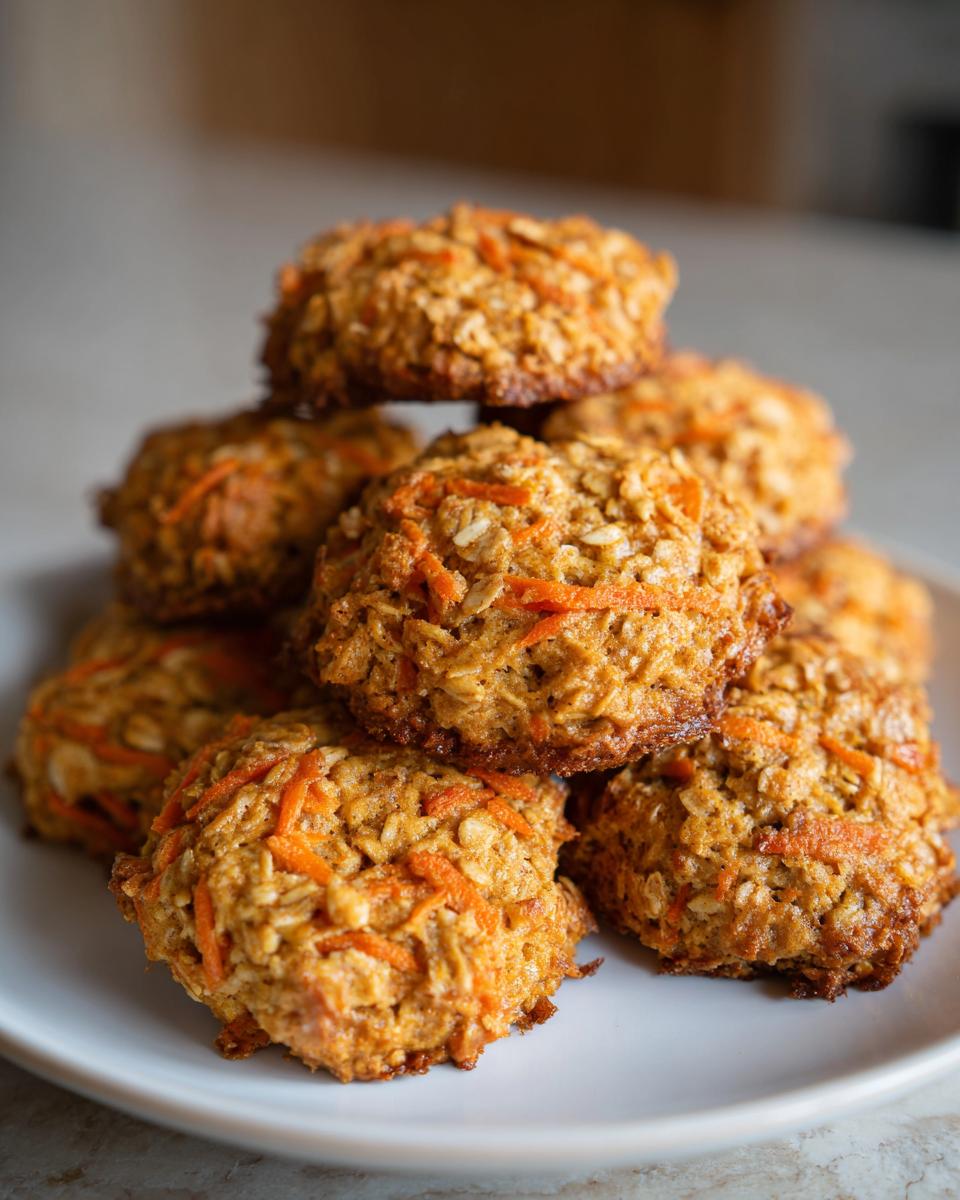 Pile of freshly baked Carrot Cake Oatmeal Cookies on a white plate.