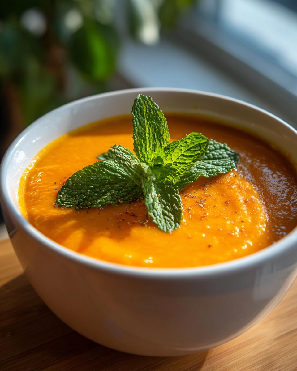 A bowl of vibrant Carrot Ginger Mint Soup, garnished with fresh mint leaves.
