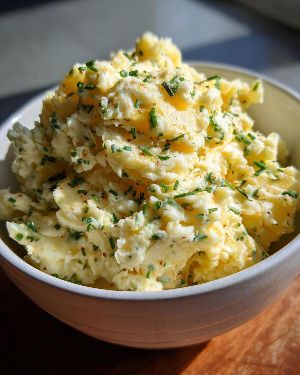 Close-up of a bowl of creamy Cheesy Colcannon Dip, garnished with chives.
