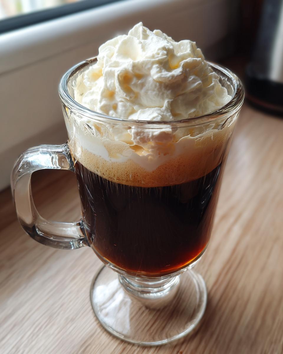 A glass of Classic Irish Coffee with a generous topping of whipped cream.