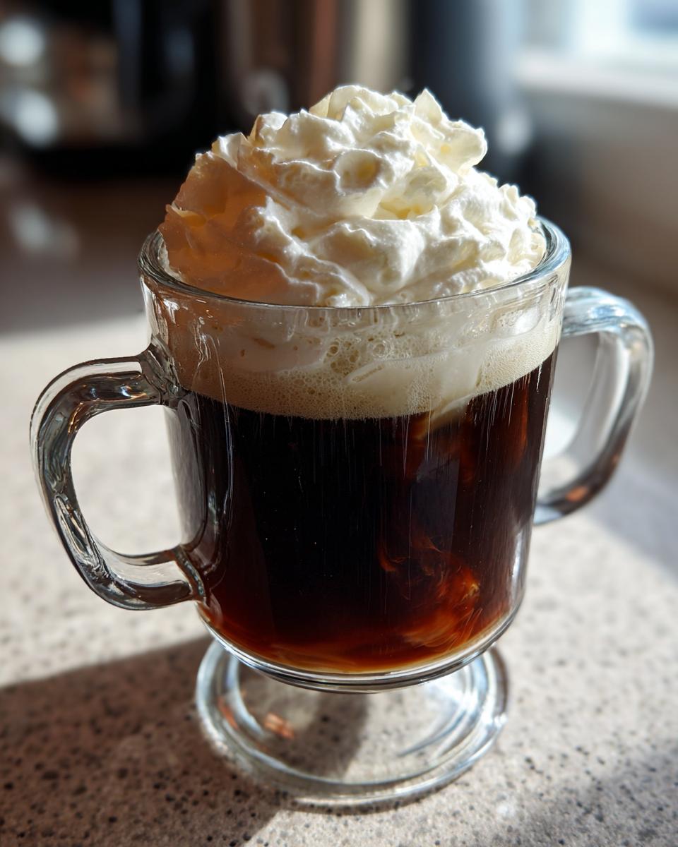 A glass of Classic Irish Coffee with a generous topping of whipped cream.