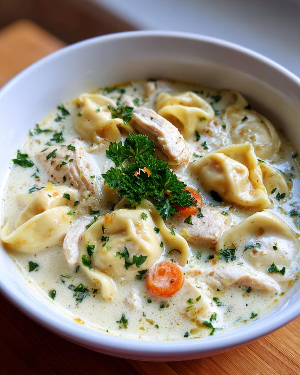 Close-up of a bowl of Creamy Chicken Tortellini Soup with chicken, tortellini, and herbs.