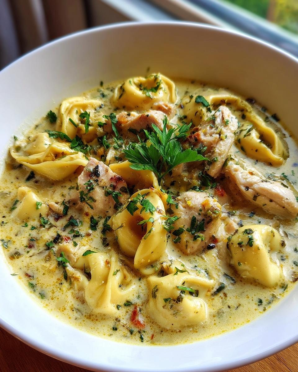 Close-up of a bowl of creamy chicken tortellini soup with chicken, tortellini, and herbs.