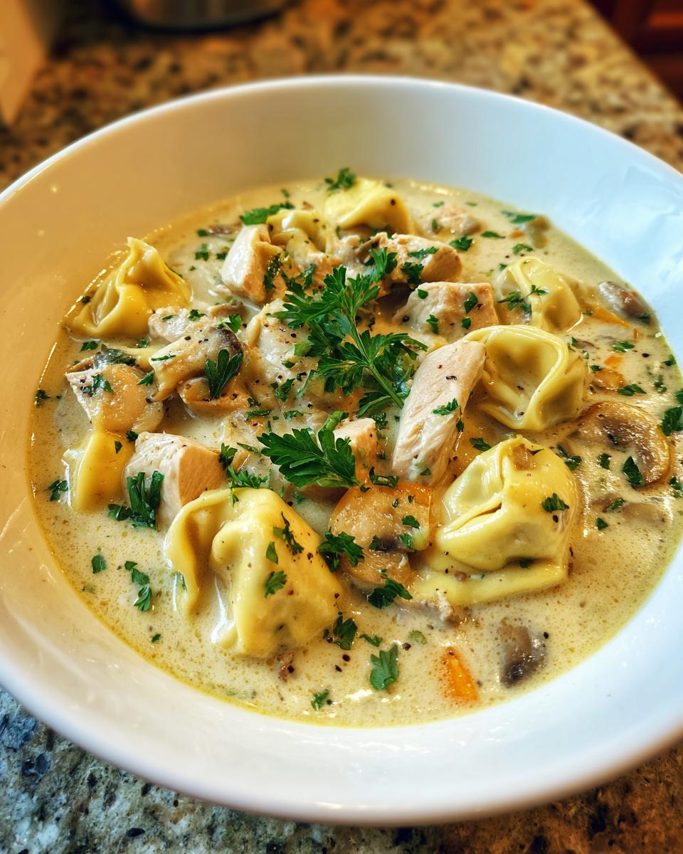 Close-up of a bowl of Creamy Chicken Tortellini Soup, garnished with parsley.