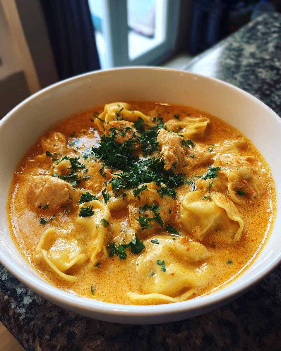 Close-up of a bowl of Creamy Chicken Tortellini Soup, garnished with fresh parsley.