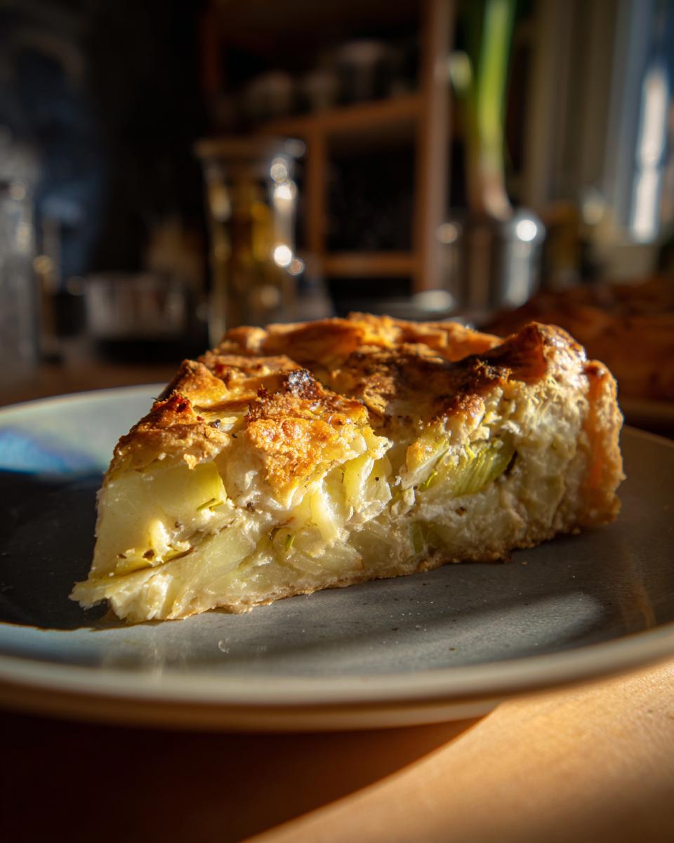 Close-up of a slice of Creamy Leek and Potato Pie on a plate, showing the filling and crust.
