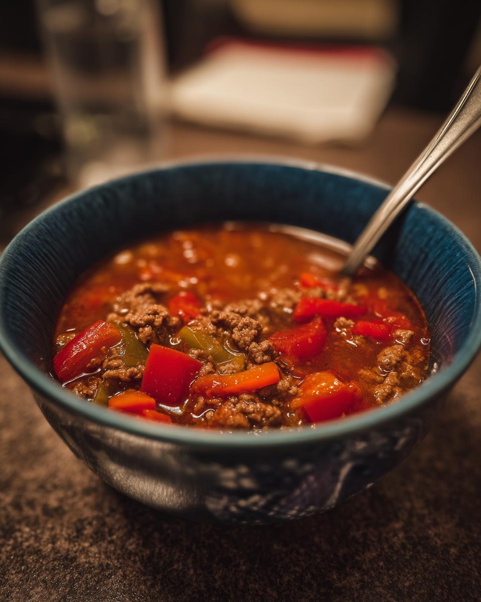 Close-up of a bowl of Easy Stuffed Pepper Soup with peppers, ground meat, and broth.