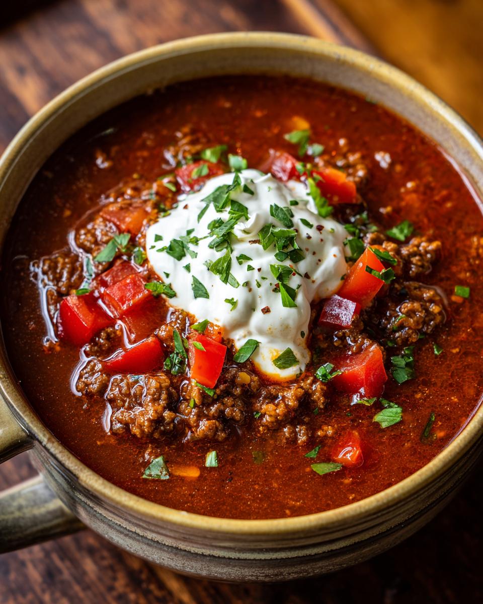 Close-up of a bowl of Easy Stuffed Pepper Soup with sour cream and fresh herbs.