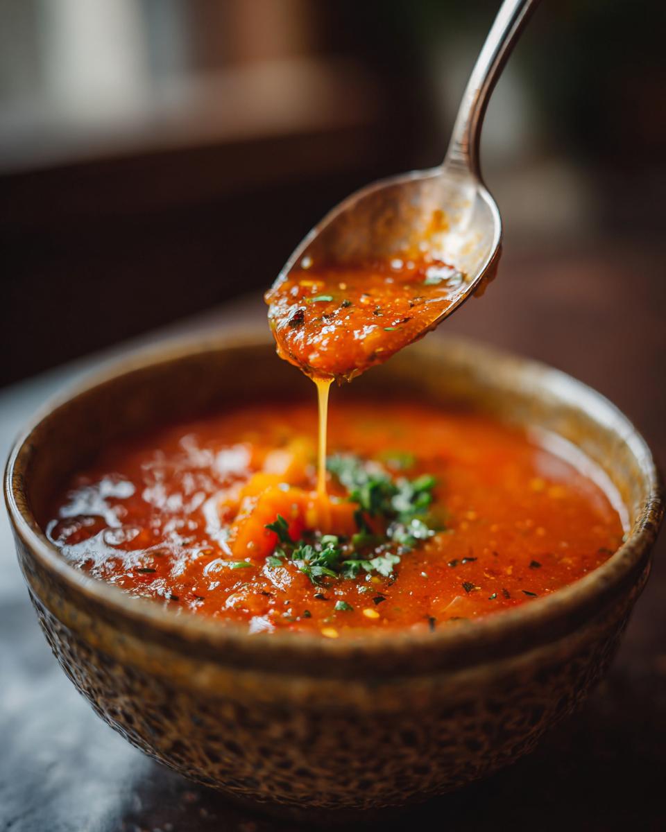 Close-up of Easy Stuffed Pepper Soup in a bowl with a spoon, garnished with herbs.