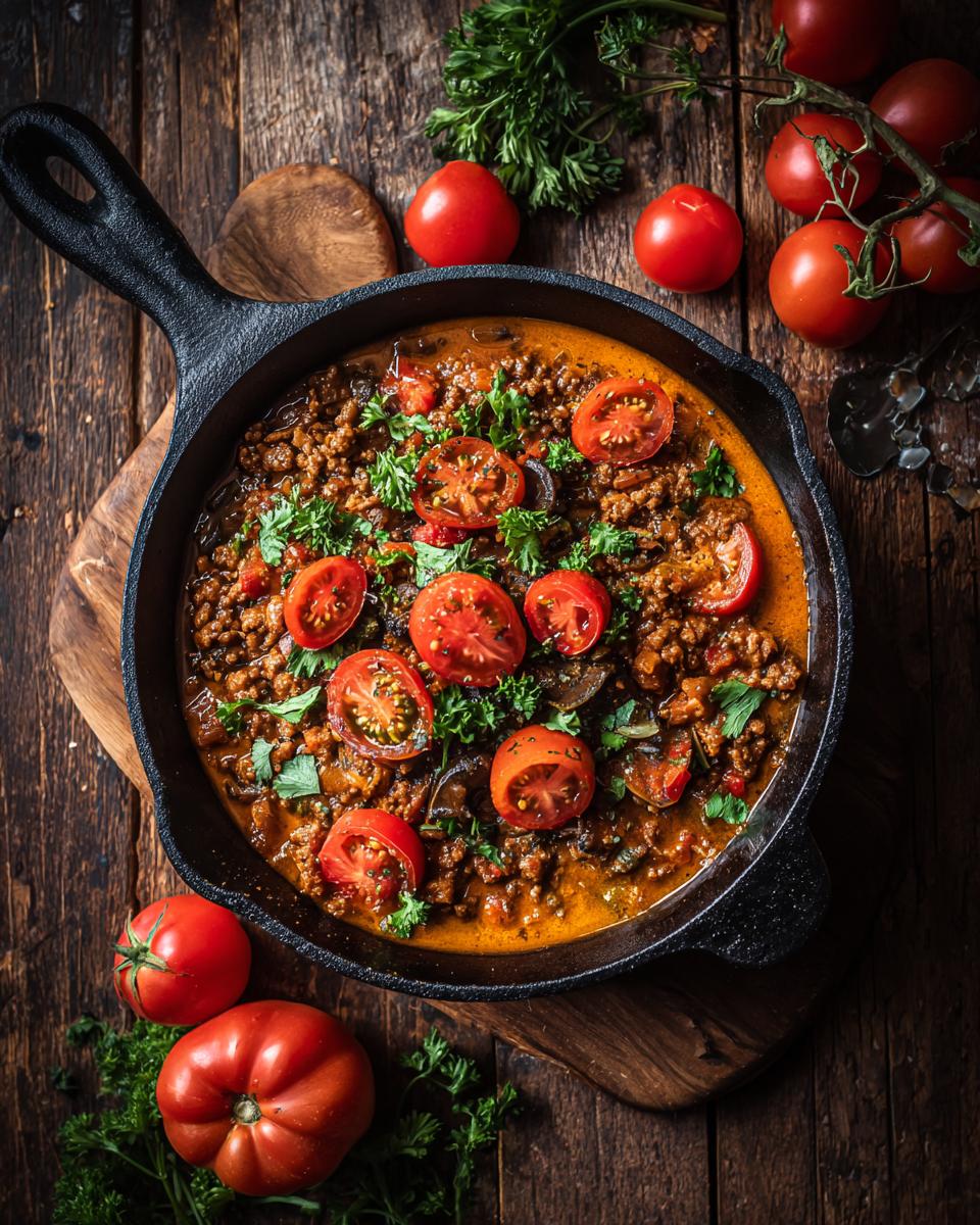 Overhead shot of Easy Stuffed Pepper Soup in a cast iron skillet, garnished with tomatoes and herbs.