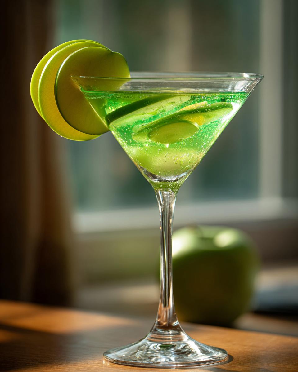 A vibrant Emerald Green Apple Martini garnished with apple slices in a martini glass.