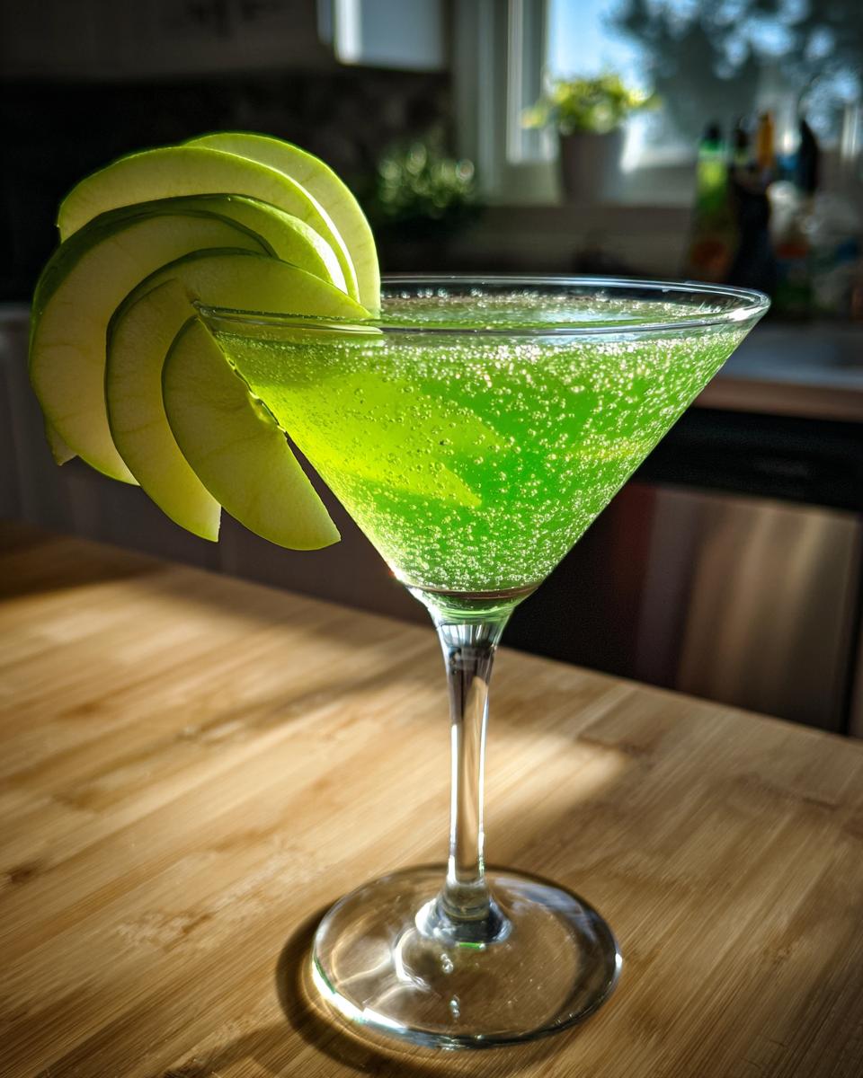 A vibrant Emerald Green Apple Martini in a glass, garnished with apple slices.