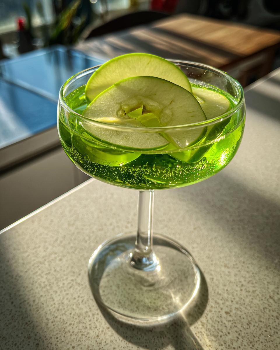 Close-up of an Emerald Green Apple Martini in a stemmed glass with apple slices.