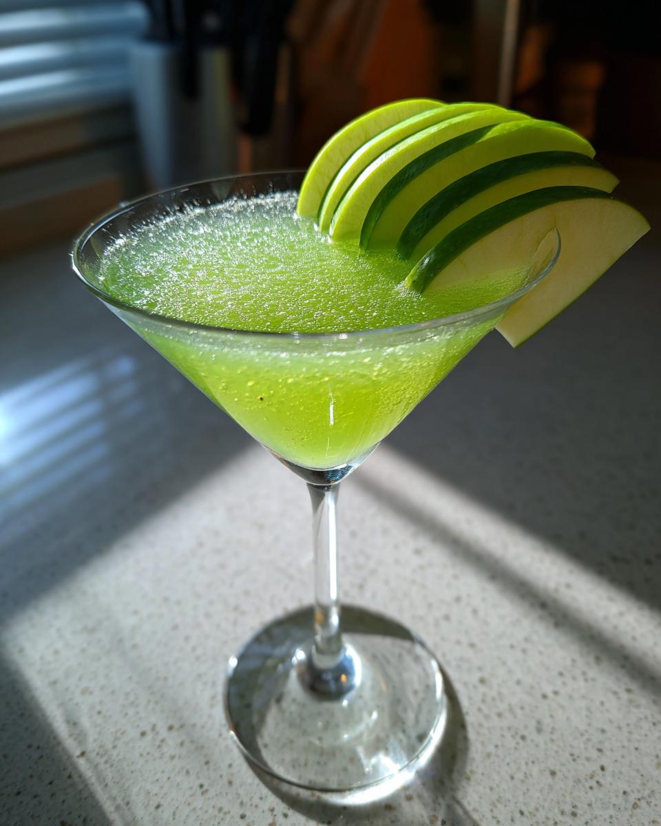 A vibrant Emerald Green Apple Martini in a martini glass, garnished with apple slices.