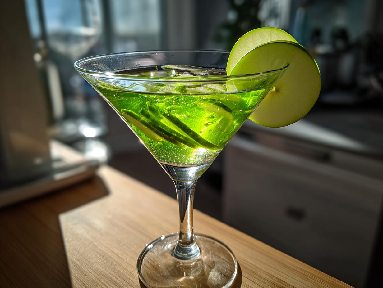 A vibrant Emerald Green Apple Martini in a stemmed glass, garnished with apple slices.