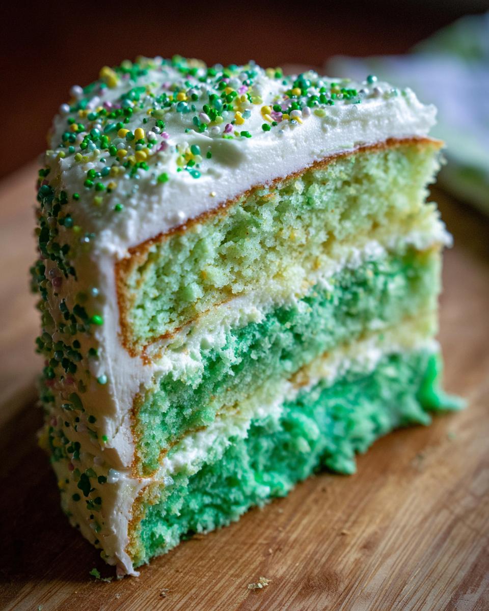 Close-up of a slice of Four-Leaf Clover Sugar Cookie Cake, layered with green frosting and sprinkles.