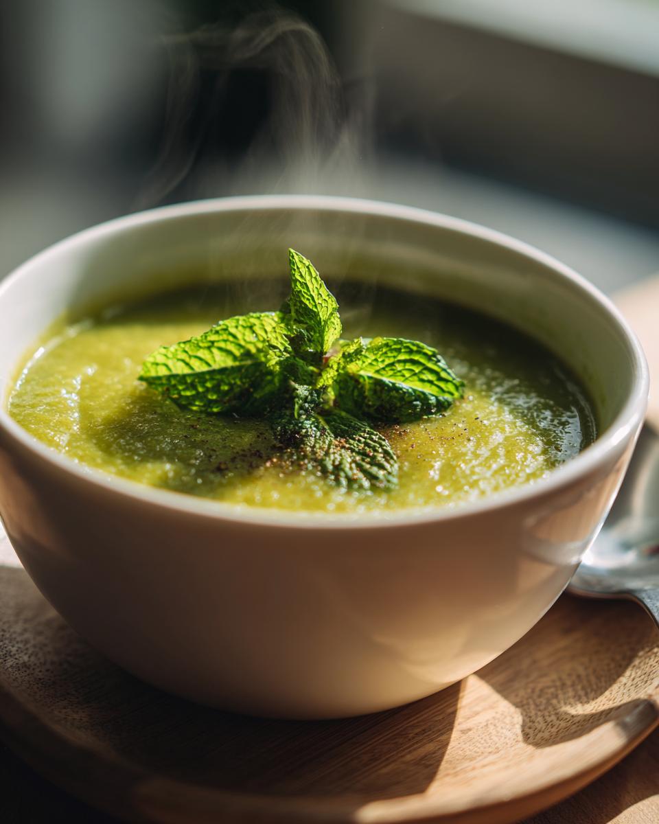 Close-up of a bowl of Green Split Pea Soup with Mint, garnished with fresh mint leaves.