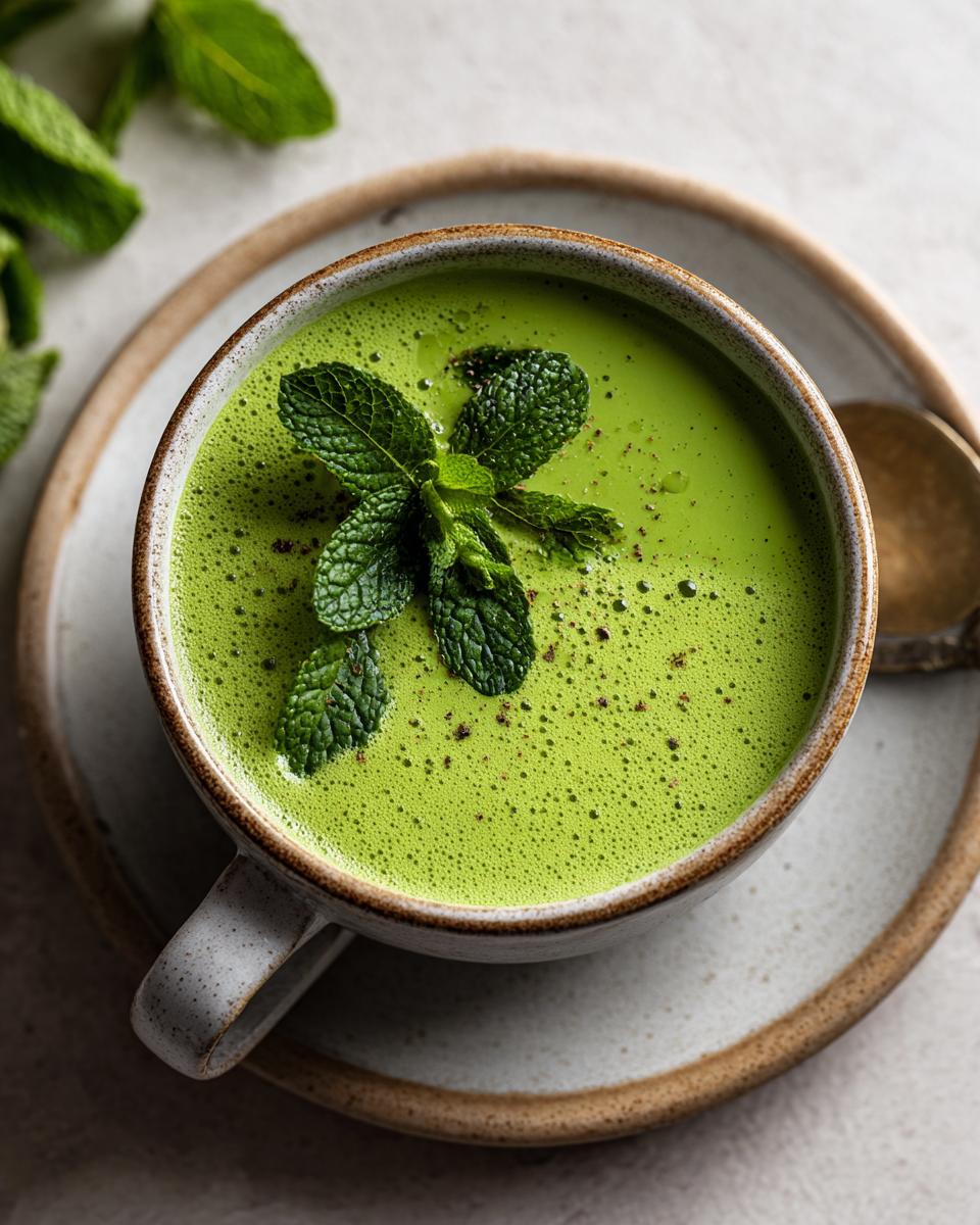 Close-up of a bowl of Green Split Pea Soup with Mint, garnished with fresh mint leaves.