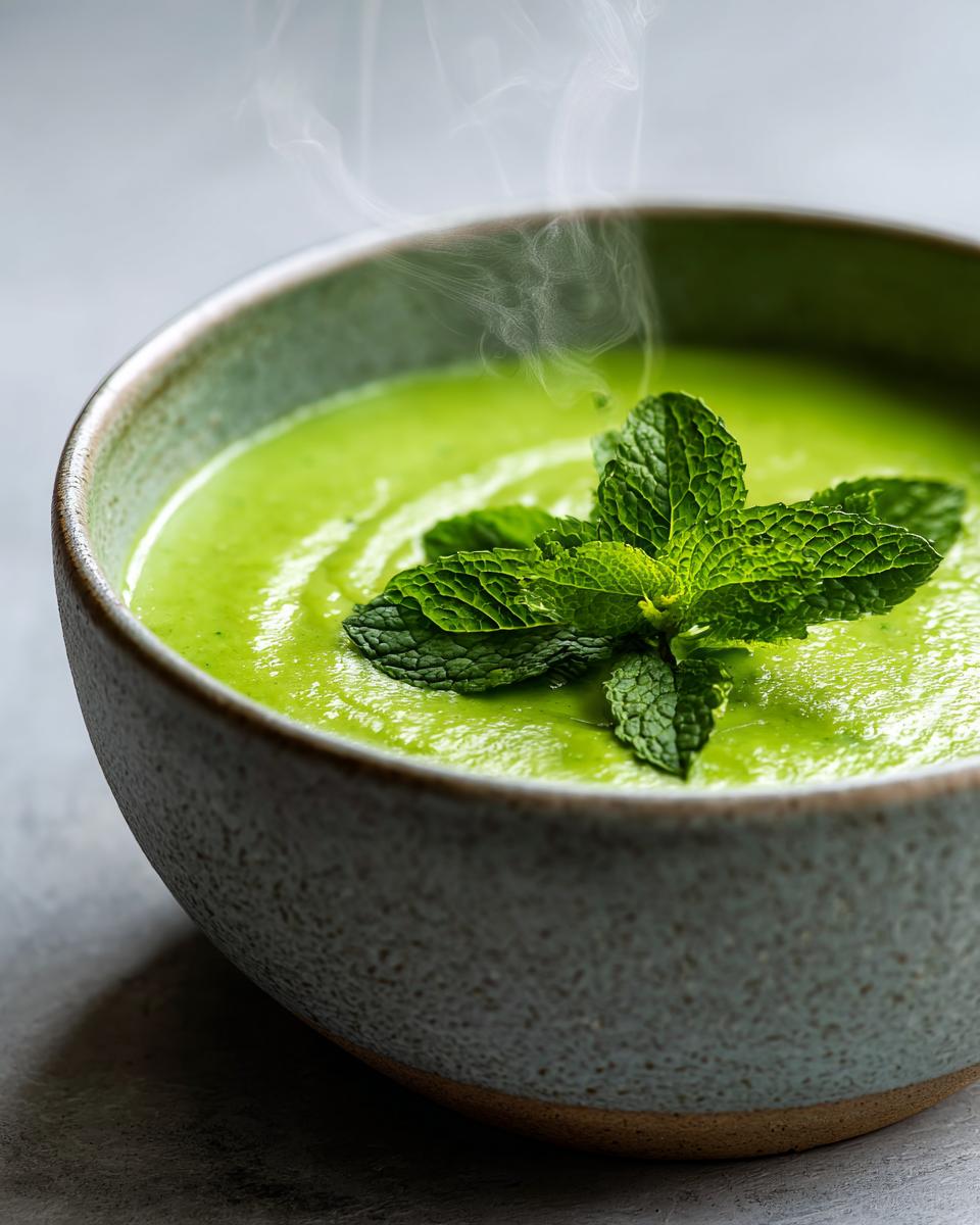 Close-up of a bowl of green split pea soup with mint garnish, steaming.