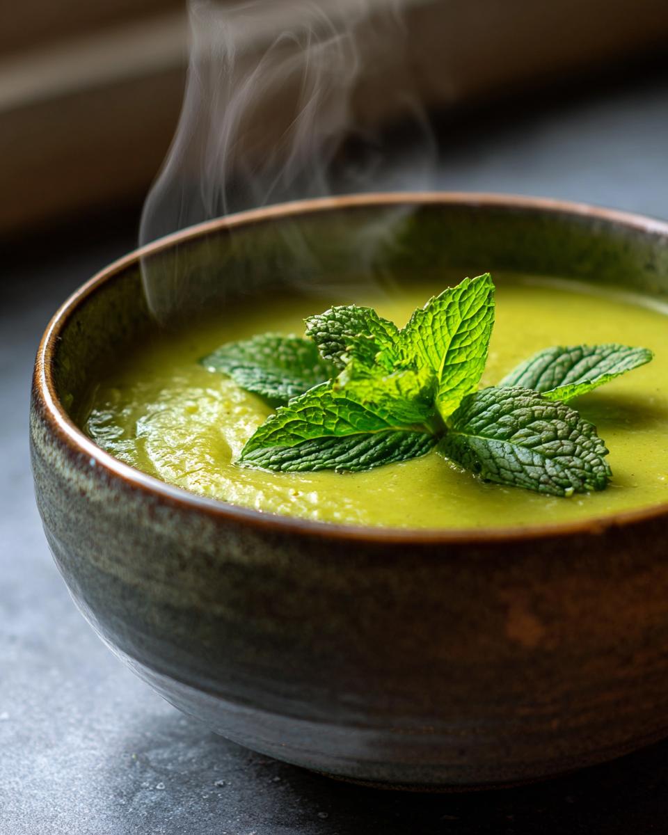 Close-up of a bowl of Green Split Pea Soup with Mint, garnished with fresh mint leaves.