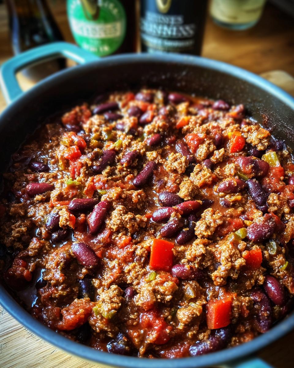 Close-up of a pot of delicious Guinness Beer Chili with beans, meat, and vegetables.