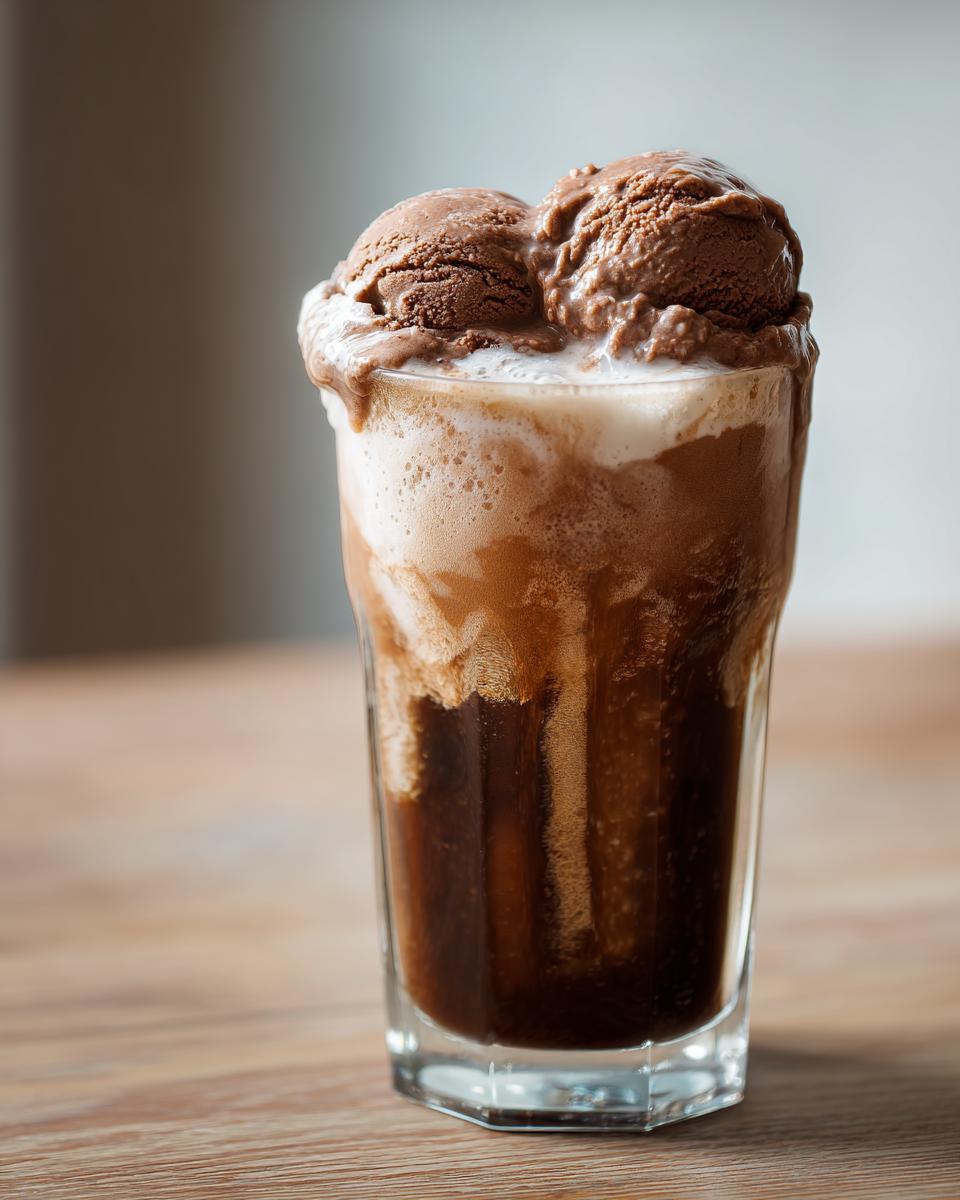 A tall glass of Guinness Chocolate Stout Float topped with chocolate ice cream.