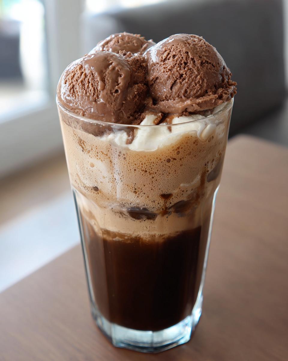 A tall glass filled with a Guinness Chocolate Stout Float, topped with chocolate ice cream.
