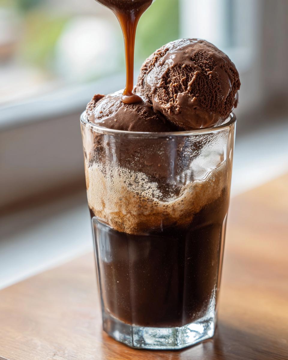 A refreshing Guinness Chocolate Stout Float with chocolate ice cream and a drizzle.