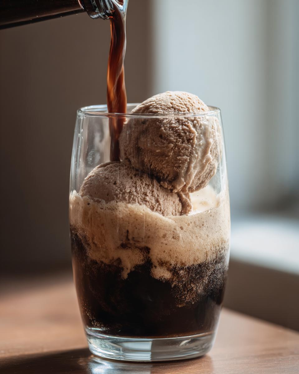 Pouring Guinness into a glass with chocolate ice cream to make a Guinness Chocolate Stout Float.