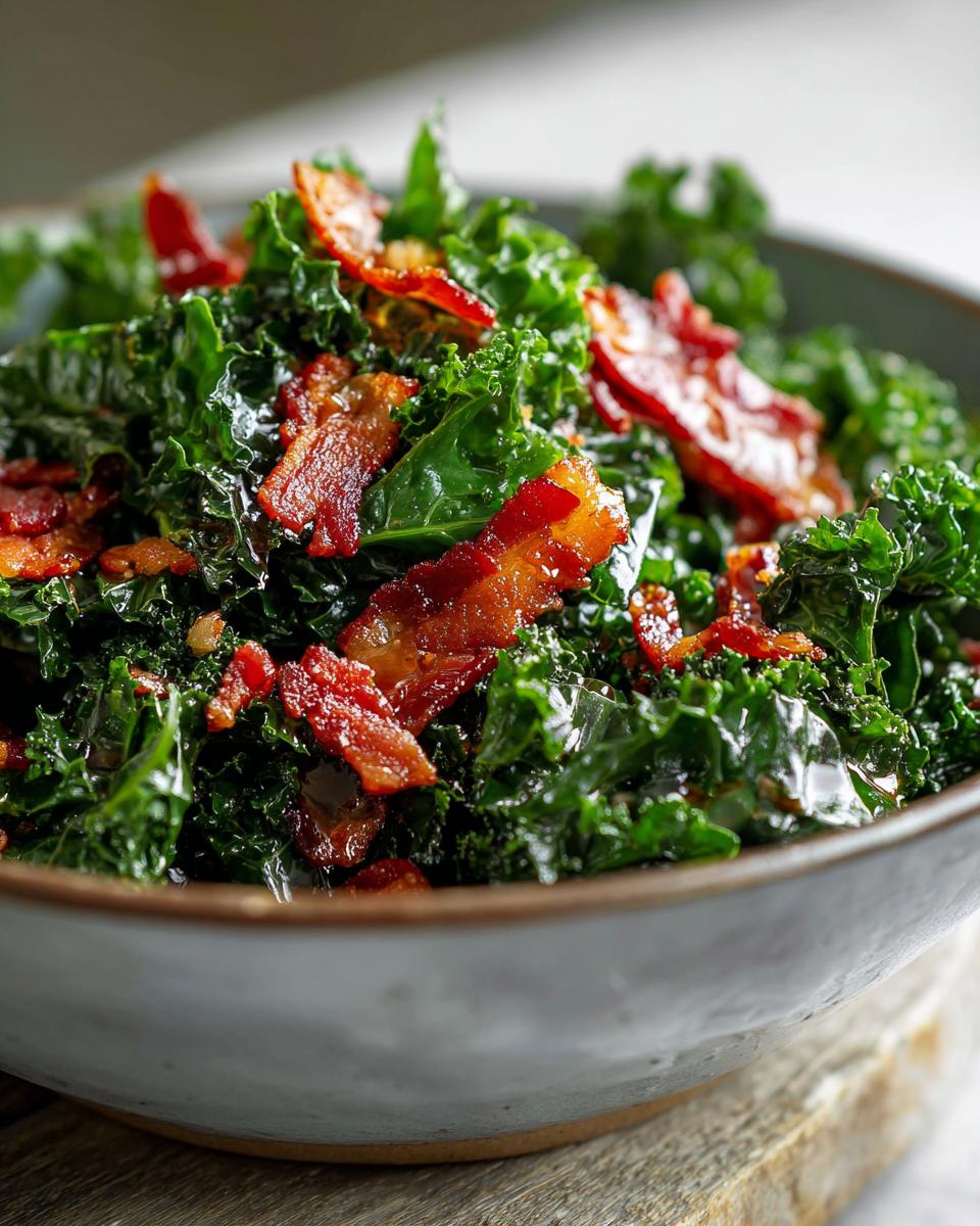Close-up of a bowl of Kale and Bacon Salad, with crispy bacon on top.