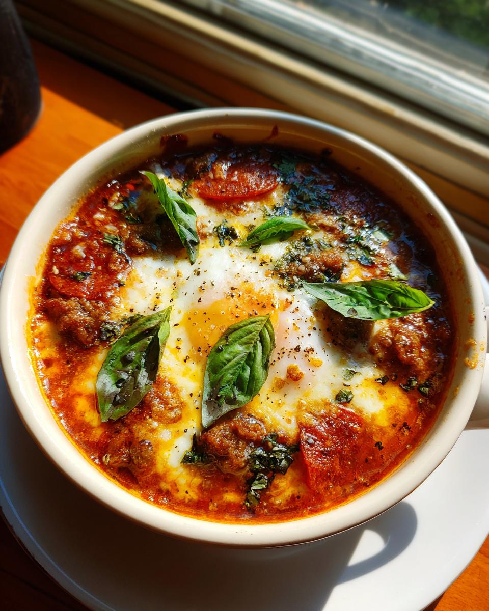 Close-up of a bowl of Pizza Soup with eggs, pepperoni, and fresh basil.